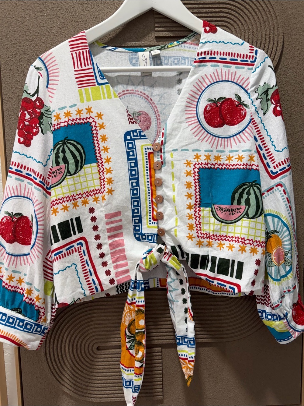 Joie White Multi-Color Fruit Print Tie-Front Blouse